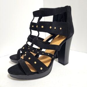 REPORT Faux Suede Studded Block High‎ Heel Platform Zip Sandals 10 Black NWOB